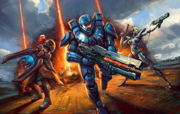 Picture rays, weapons, fire, explosions, armor, halo, fan art