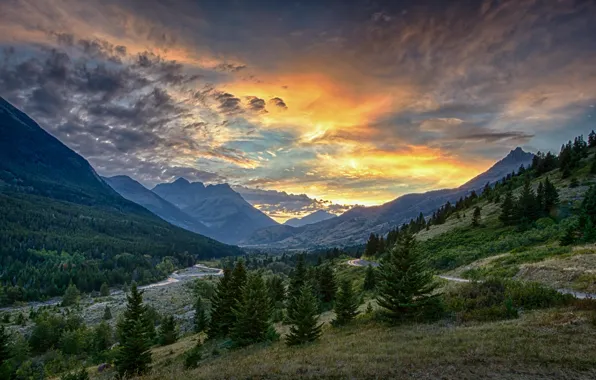 Forest, mountains, sunset. valley