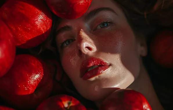 Look, girl, light, pose, apples, portrait, red, lies