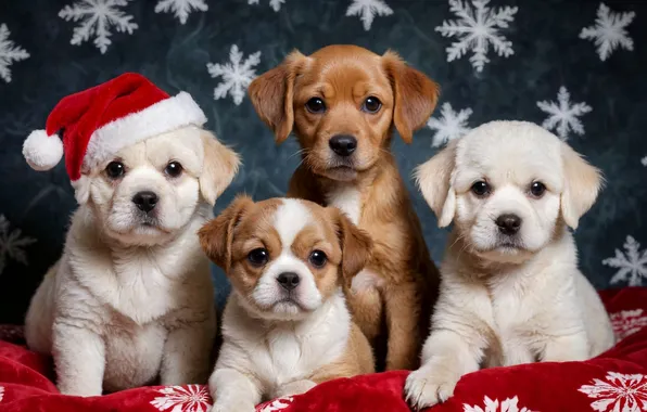 Dogs, look, snowflakes, puppies, Christmas, puppy, New year, kids