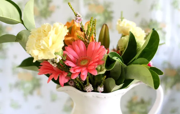 Picture summer, bouquet, pitcher, gerbera