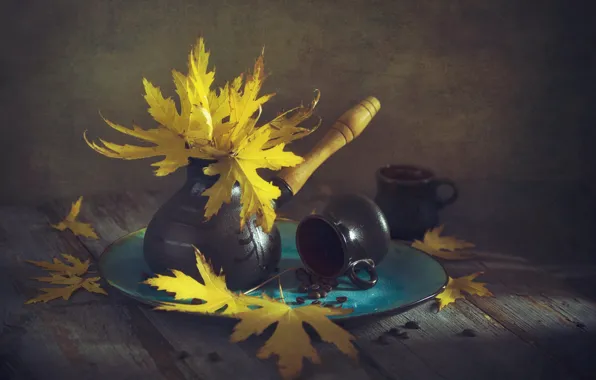 Autumn, leaves, light, Board, coffee, bouquet, yellow, plate