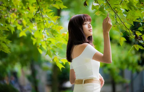 Leaves, girl, branches, Asian, cutie, bokeh