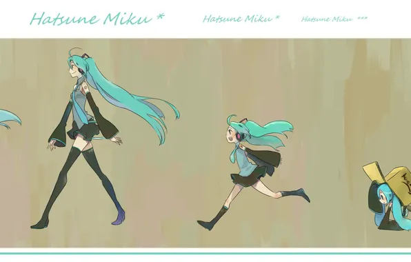 Box, headphones, grey background, vocaloid, Hatsune Miku, runs, long hair, Vocaloid
