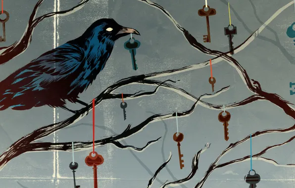 Picture branches, keys, ribbons, Crow