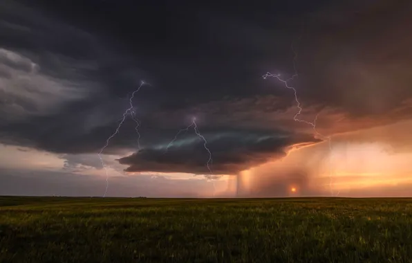 The storm, field, the sky, grass, sunset, clouds, zipper, the evening