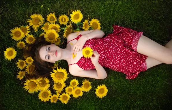 Picture look, sunflowers, pose, model, portrait, makeup, figure, dress
