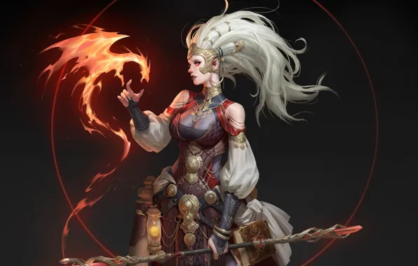 Girl, Dragon, Magic, Art, Staff, White hair