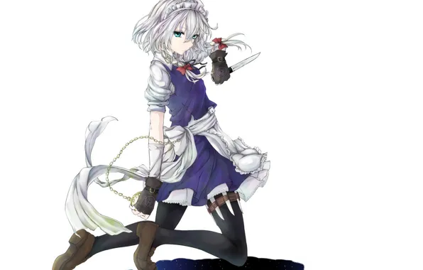 Watch, shadow, white background, gloves, braids, bows, knives, blue eyes