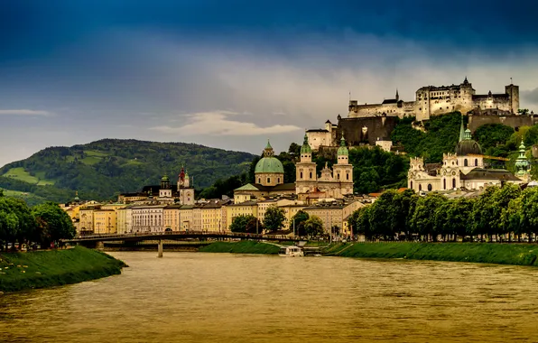 The city, river, photo, home, Austria, locks, Salzburg