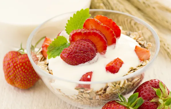 Picture strawberry, mint, cereal, yogurt