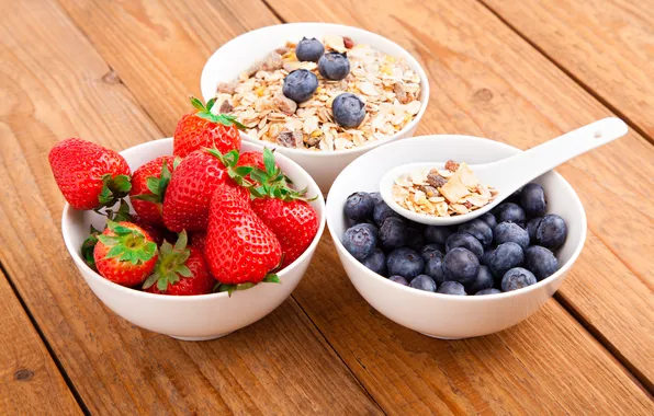 Cereal, Healthy Breakfast, muesli with milk and fruits and berries