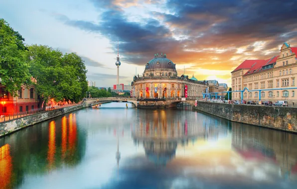 The sky, trees, sunset, river, tower, home, Germany, channel