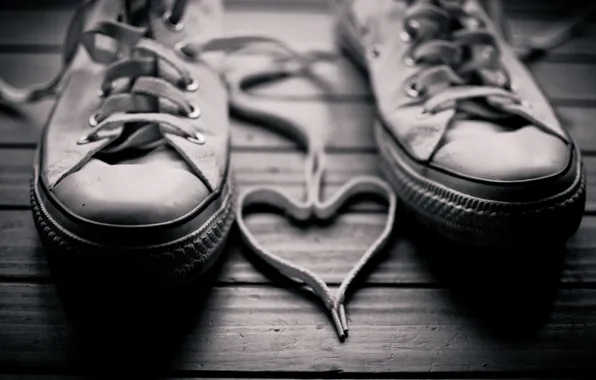 Photo, background, white, heart, sneakers, black, floor, laces