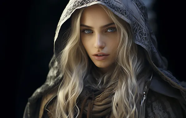 Picture girl, blonde, hood