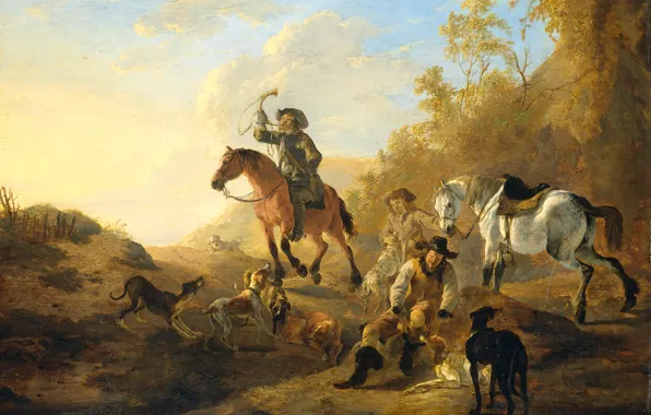 Picture landscape, tree, oil, picture, genre, Dirk Stop, A Group Of Hunters