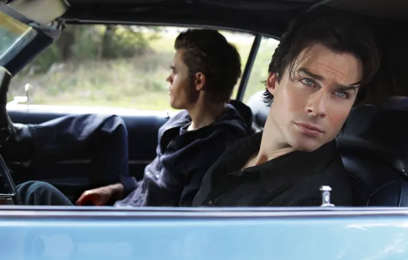 The series, the vampire diaries, Damon, Stefan, in the car