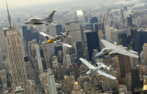 Flight, the city, Mustang, skyscrapers, fighters, Eagle, P-51, F-16