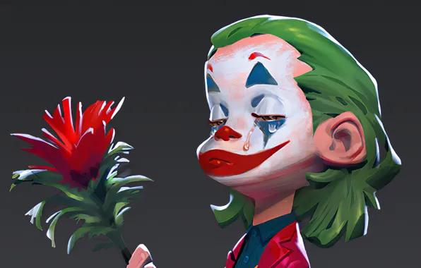 Sadness, Joker, grey background, tear, green hair, sadness, Joker, makeup