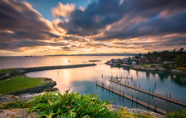 Picture sea, the sky, clouds, sunset, coast, ship, the evening, Canada