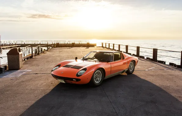 Sunset, The sun, Color, Sea, Auto, Lamborghini, Machine, Pierce