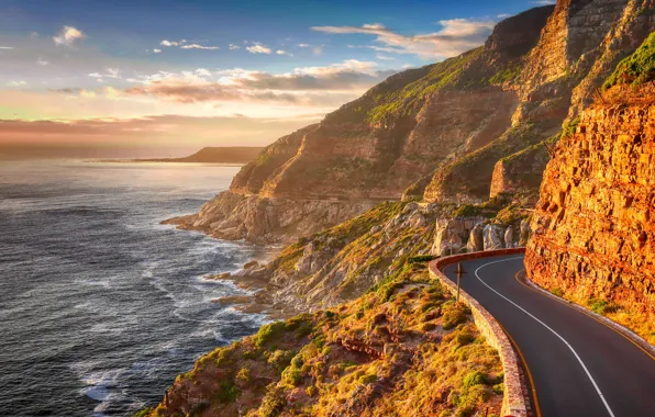 Wallpaper road, sea, wave, the sky, clouds, light, mountains, fog