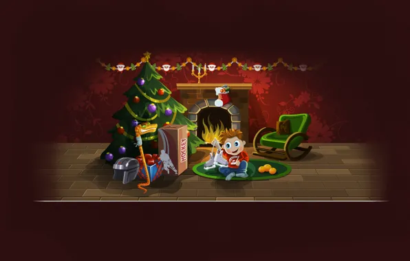 Tree, new year, Christmas, snake, boy, gifts, helmet, fireplace