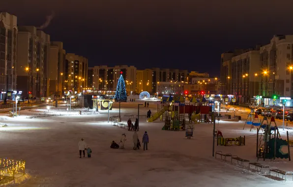 Winter, snow, people, building, new year, home, the evening, lighting