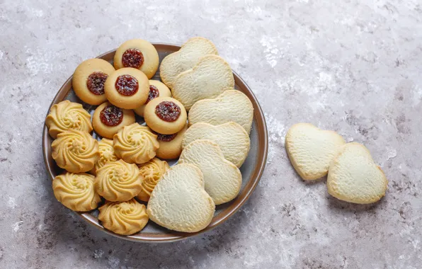 Cookies, plate, hearts, bowl, light background, different, cuts, with jam