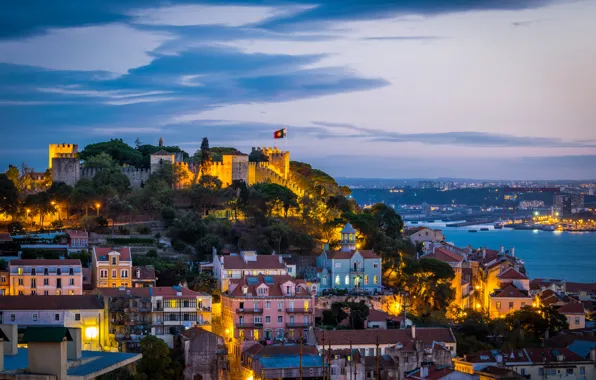 The sky, clouds, the city, lights, castle, coast, the evening, lighting