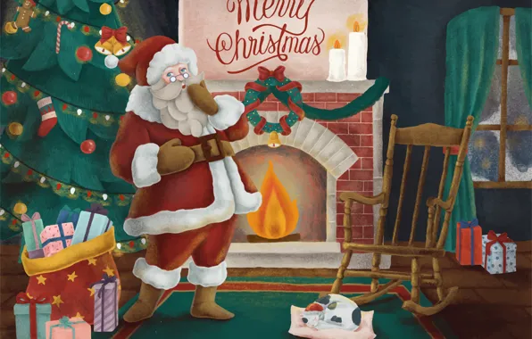 Room, Christmas, New year, Santa Claus, Fireplace, Merry Christmas, Gifts, Christmas tree
