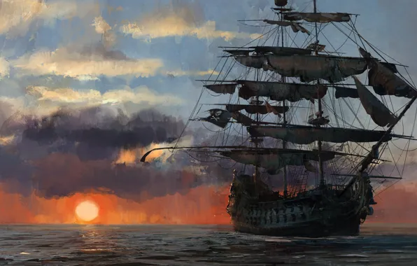 Picture game, pirate, sunset, pirate ship, flag, ship, pirate flag, kaizoku