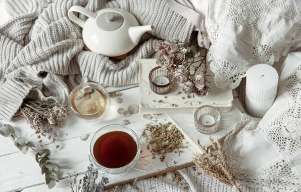 Flowers, style, tea, candles, kettle, mug, Cup, plaid