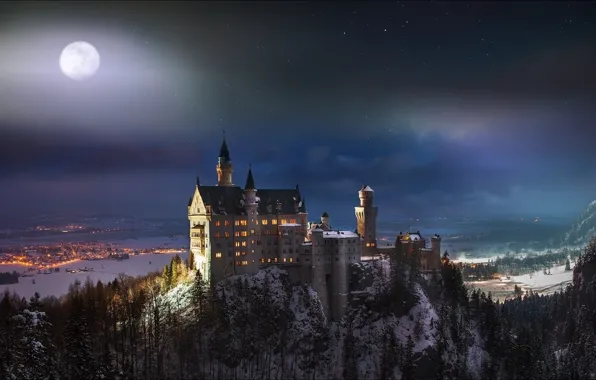 Night, The moon, Bayern, Neuschwanstein, Moon, night, Bavaria