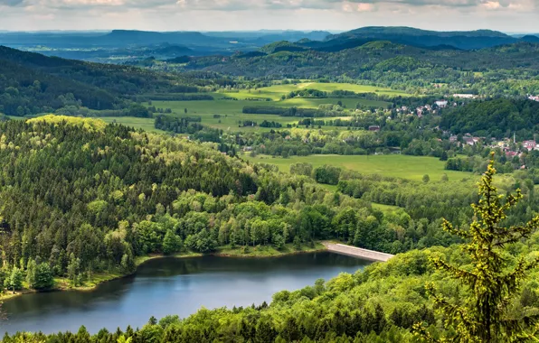 Greens, field, forest, the sun, trees, mountains, bridge, river