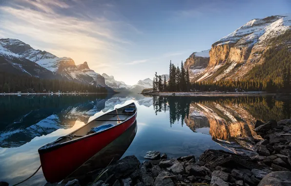 Trees, mountains, lake, reflection, stones, shore, boat, morning