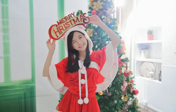 Girl, smile, background, holiday, tree, Asian