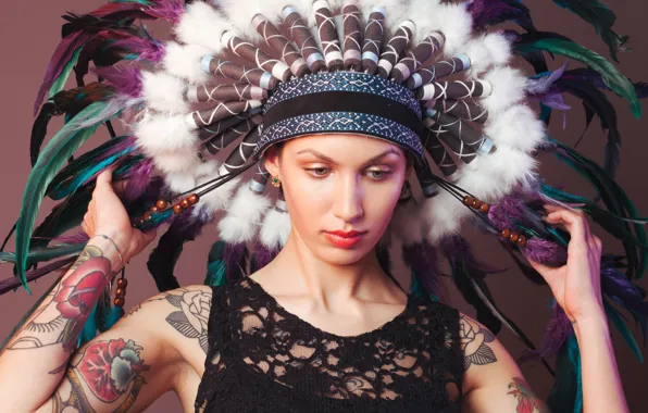 Girl, face, feathers, tattoo, headdress