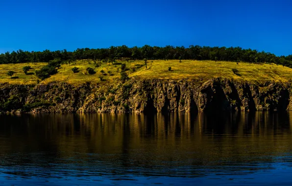 Trees, river, rocks, island, Dnepr, Zaporizhia, Khortytsya
