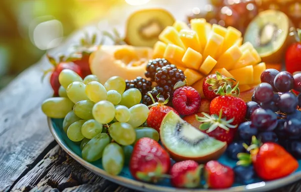 Summer, light, berries, table, Board, kiwi, strawberry, plate