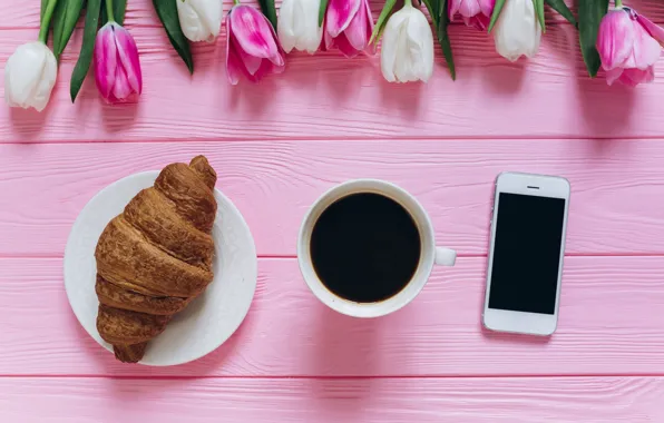 Flowers, Tulips, Coffee, Phone, Croissant