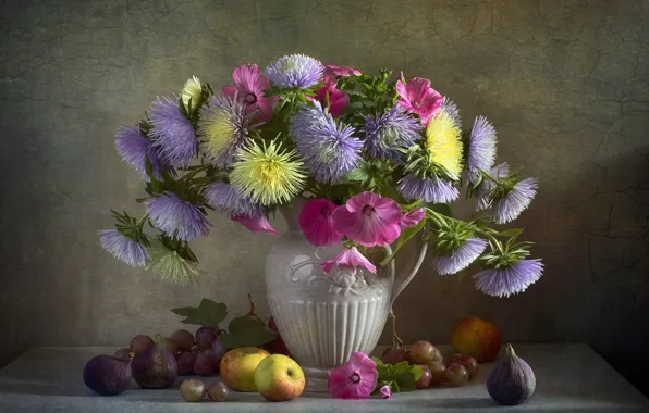 Flowers, table, apples, bouquet, yellow, grapes, pink, fruit