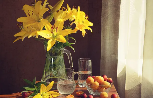 Flowers, table, Lily, still life, peaches