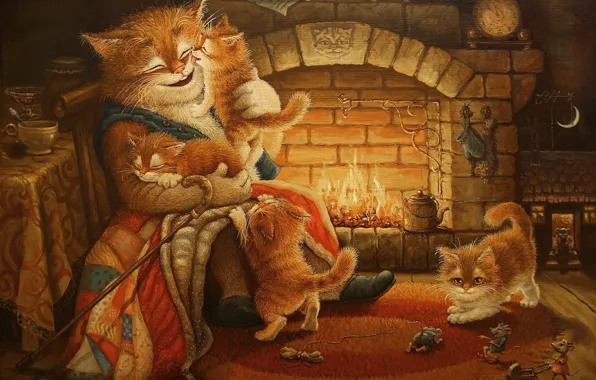 Cat, figure, tale, the evening, art, kittens, fireplace, children's