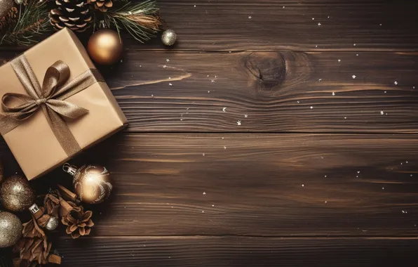 Picture decoration, background, balls, New Year, Christmas, gifts, golden, new year