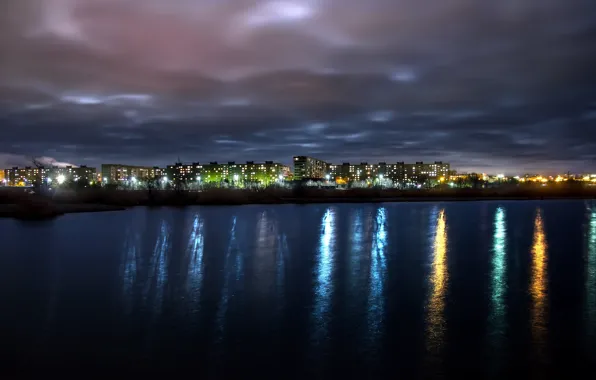 Picture the evening, pier, city lights, Temirtau