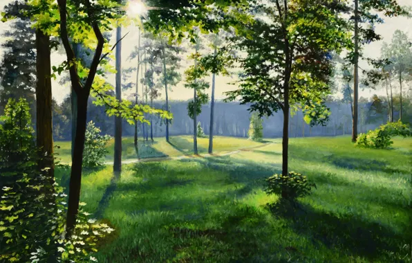 Picture road, forest, grass, the sun, light, trees, landscape, oil