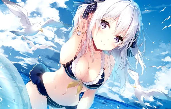 Girl, sexy, wet, cleavage, sky, long hair, sea, boobs