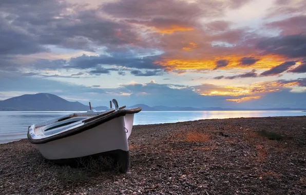Mountains, dawn, boat, Greece, Bay