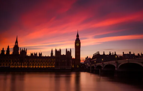 The sky, clouds, bridge, watch, England, London, tower, Parliament